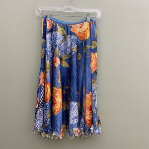 Komarov Skirt Womens Large Blue Floral Ruffle Midi Pleated Satin VTG Fairy Boho